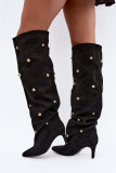 Schwarze Overknee-Stiefel mit Stiletto-Absatz und goldenen Details