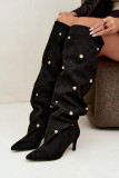 Schwarze Overknee-Stiefel mit Stiletto-Absatz und goldenen Details