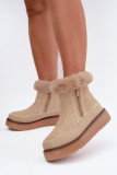 Beige Schneestiefel mit Reißverschluss und Fellbesatz