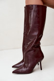 Gefütterte bordeauxrote Overknee-Stiefel mit Stilettoabsatz