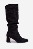 Schwarze Veloursstiefel mit Raffung und Blockabsatz