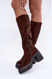 Braune Overknee-Stiefel aus Velourslederimitat mit Plateau und Blockabsatz