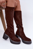 Braune Overknee-Stiefel aus Velourslederimitat mit Plateau und Blockabsatz