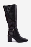 Gefütterte Stiefel mit Blockabsatz und Zierband, schwarz