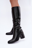 Gefütterte Stiefel mit Blockabsatz und Zierband, schwarz