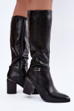 Gefütterte Stiefel mit Blockabsatz und Zierband, schwarz
