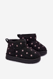 Schwarzer Schneestiefel mit kleinen Blumen und Fell