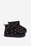 Schwarzer Schneestiefel mit kleinen Blumen und Fell