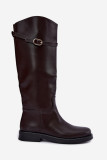Stiefel mit flachem Absatz, Riemen und goldener Schnalle, braun