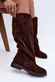 Braune Overknee-Stiefel aus Velourslederimitat mit flachem Absatz