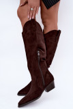 Gefütterte braune Overknee-Stiefel mit Blockabsatz aus Wildlederimitat