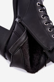 Schnürbare gefütterte Stiefelette mit Blockabsatz, schwarz