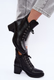 Schnürbare gefütterte Stiefelette mit Blockabsatz, schwarz