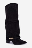 Gefütterte Overknee-Stiefel mit umgeschlagenem Schaft und Absatz schwarz