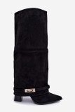 Gefütterte Overknee-Stiefel mit umgeschlagenem Schaft und Absatz schwarz