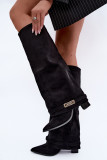 Gefütterte Overknee-Stiefel mit umgeschlagenem Schaft und Absatz schwarz