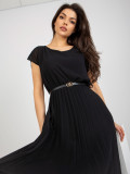 Schwarzes plissiertes Kleid mit rundem Ausschnitt