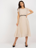 Beige Midi Kleid mit ausgestelltem Schnitt und Falten