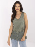 Khaki Bluse mit Spitze und Stickerei