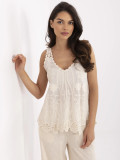Beige Bluse mit V-Ausschnitt und Stickerei