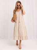 Beiges Leinen-Midikleid mit Volant und Schnürung