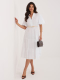 Weißes ausgestelltes Midi-Kleid mit Gürtel und Volant