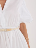 Weißes ausgestelltes Midi-Kleid mit Gürtel und Volant