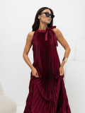 Bordeauxfarbenes Cocktail-Midikleid mit Bindegürtel und Volant