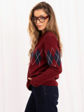 Bordeauxfarbener Pullover mit geometrischem Muster und Rundhalsausschnitt