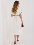 Weiß-braunes Hemdblusenkleid mit Stickerei und Gürtel, midi
