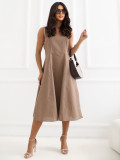 Braunes Midi-Kleid mit Leinenanteil und eckigem Ausschnitt