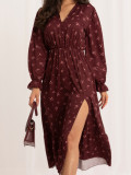 Bordeauxfarbenes Midi-Kleid mit Blumenmuster und Volant