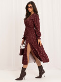 Bordeauxfarbenes Midi-Kleid mit Blumenmuster und Volant