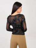 Elegante schwarze Bluse mit Blumenapplikation und Stickerei