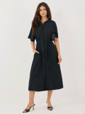 Schwarzes ausgestelltes Midi-Kleid mit Gürtel und Taschen