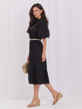 Schwarzes ausgestelltes Midi-Kleid mit Gürtel und Volant