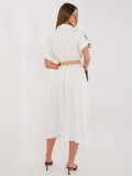 Weiß-schwarzes Hemdblusenkleid mit Stickerei und Gürtel, midi