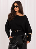 Eleganter schwarzer Pullover mit Gürtel und U-Boot-Ausschnitt