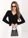 Schwarzer Ajour-Strickpullover mit V-Ausschnitt und Knöpfen