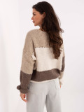 Beiger gestreifter Strickpullover mit Volant und V-Ausschnitt