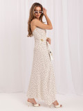 Weiß-braunes Maxi-Kleid mit Punkten und Bindung