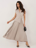 Elegantes beigefarbenes Midi-Kleid mit Gürtel und Pailletten
