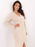 Elegantes Midi-Kleid mit V-Ausschnitt und Knöpfen, beige