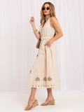 Beiges ausgestelltes Midi-Kleid mit Stickerei und Gürtel