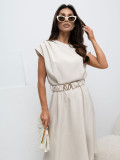 Beiges ausgestelltes Midi-Kleid mit Gürtel