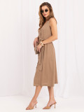 Beiges Midi-Kleid mit Gürtel und V-Ausschnitt
