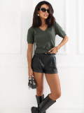Khaki Pullover mit kurzem Ärmel und V-Ausschnitt