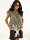 Khaki-Bluse mit Stickerei und Volant