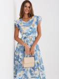 Blaues ausgestelltes Midi-Kleid mit Gürtel und Volant