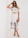 Weiß-blaues Hemdblusenkleid mit Stickerei und Gürtel, midi